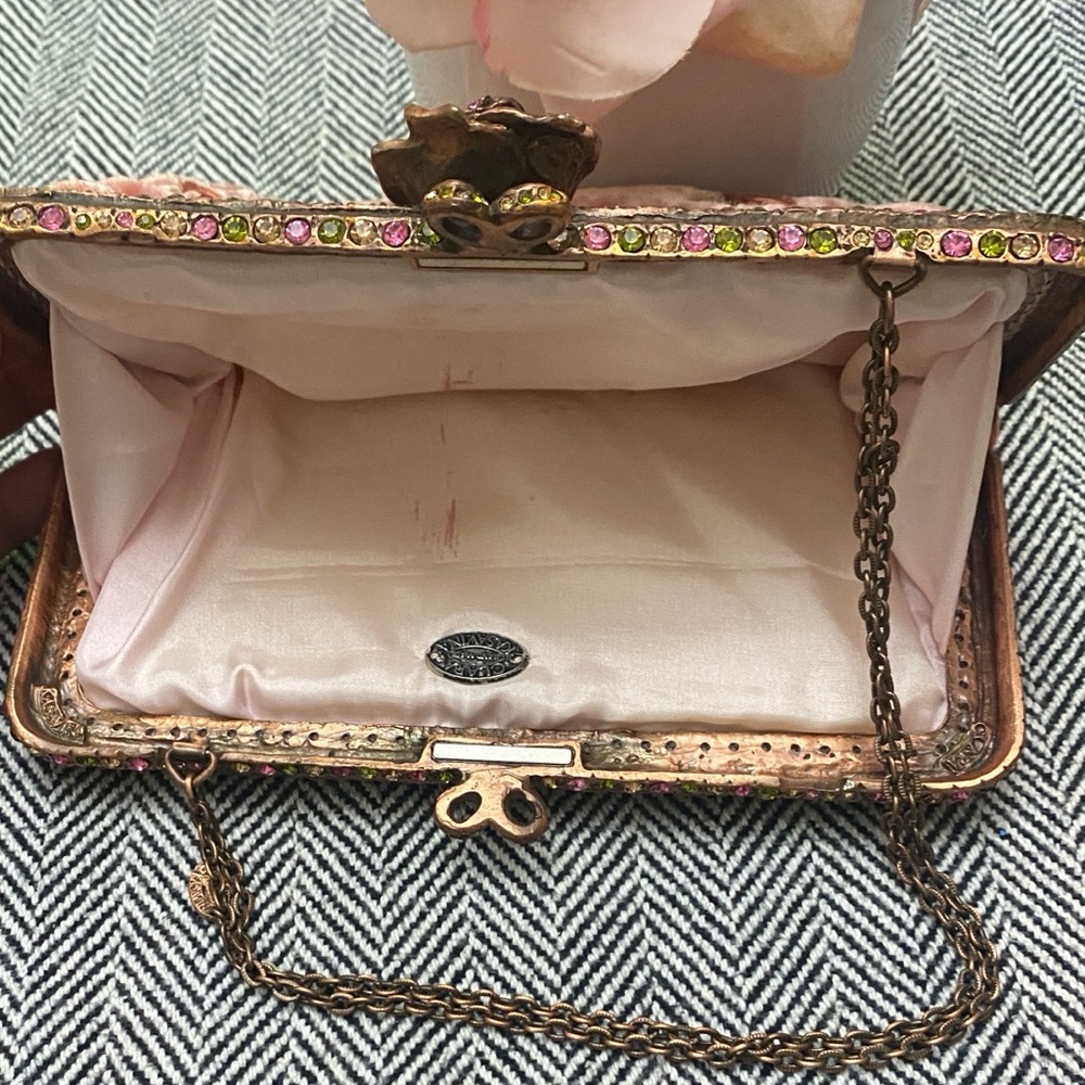 Pre❤️Clara Kasavina Vintage Pink Velvet Swarovski Crystal Rose Evening Clutch - Picture 5 of 10